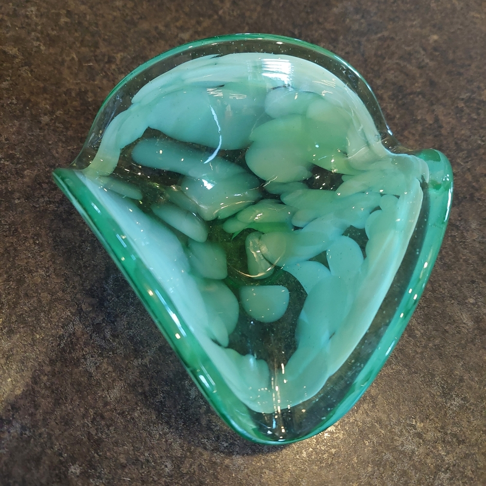 VTG MCM Hand Blown Glass Dish Vase Green White Bubbles 3 Sided Jewelry Dish Heav
